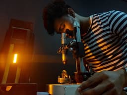A man in striped shirt looking through a microscope — Photo Nanda Das / Unsplash
