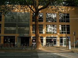 Building facade photo of the mensa building, a part of the municipal university campus in Amsterdam city. This image is located in the street Roeterstraat, as part of modern university architecture. Late evening sun is shining on the yellow brick facade and its reflecting windows. It is the light which is fascinating me in this picture. Huge plane trees are standing in front of the recent-built building for many more years! Urban nature! Amsterdam in free photos - urban photography of The Netherlands by Fons Heijnsbroek; Dutch street pictures of modern architecture, 6 September 2012 — Photo Fons Heijnsbroek / Unsplash
