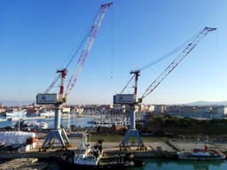 2 grúas en el muelle de un puerto comercial 2 cranes in a berth of a commercial harbour — Photo Bruno Hervas / Unsplash